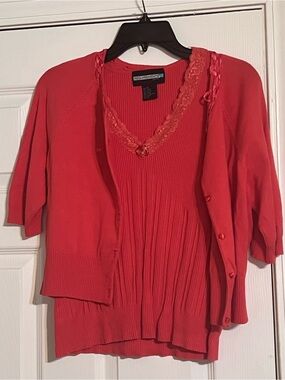 Requirements Red Pleated Knit Top with Matching Cardigan